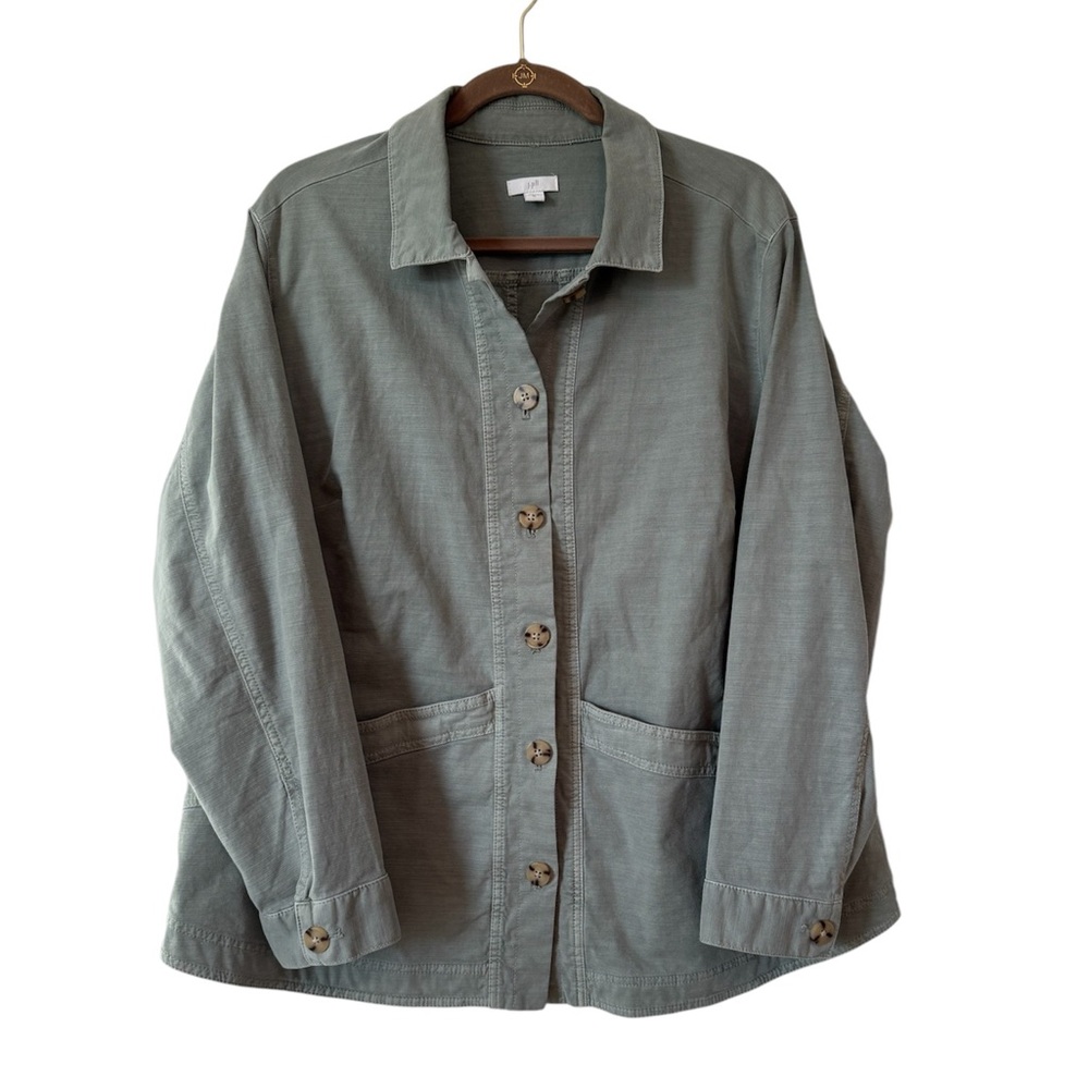 J Jill Sage Green Khaki XL Utility Jacket Tortoise Shell Button Collar Gorpcore